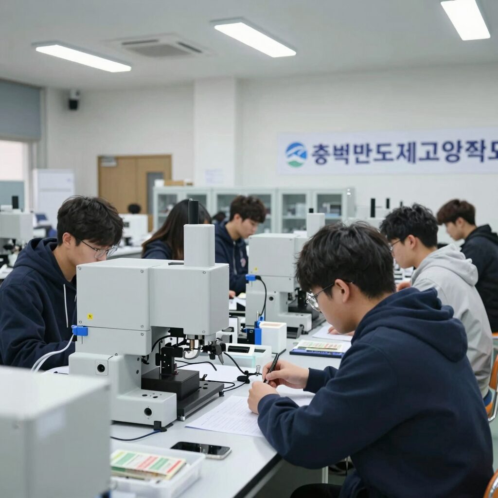 충북반도체고등학교 첨단 실습실 내부에서 학생들이 반도체 장비를 다루는 모습