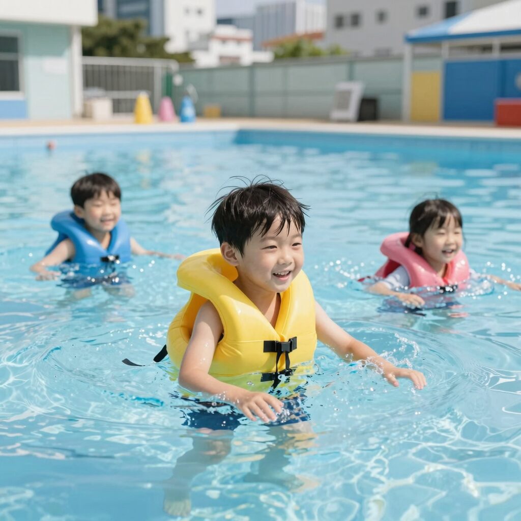 어린이가 구명조끼를 입고 수영장에서 즐겁게 노는 모습