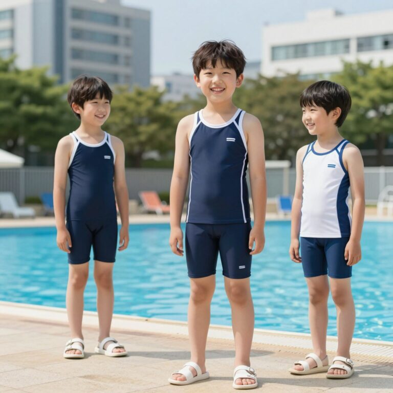 아동 수영복 세트를 입고 수영장에서 활짝 웃는 초등학생 아이의 모습으로, 제품의 착용감과 디자인을 한눈에 보여준다