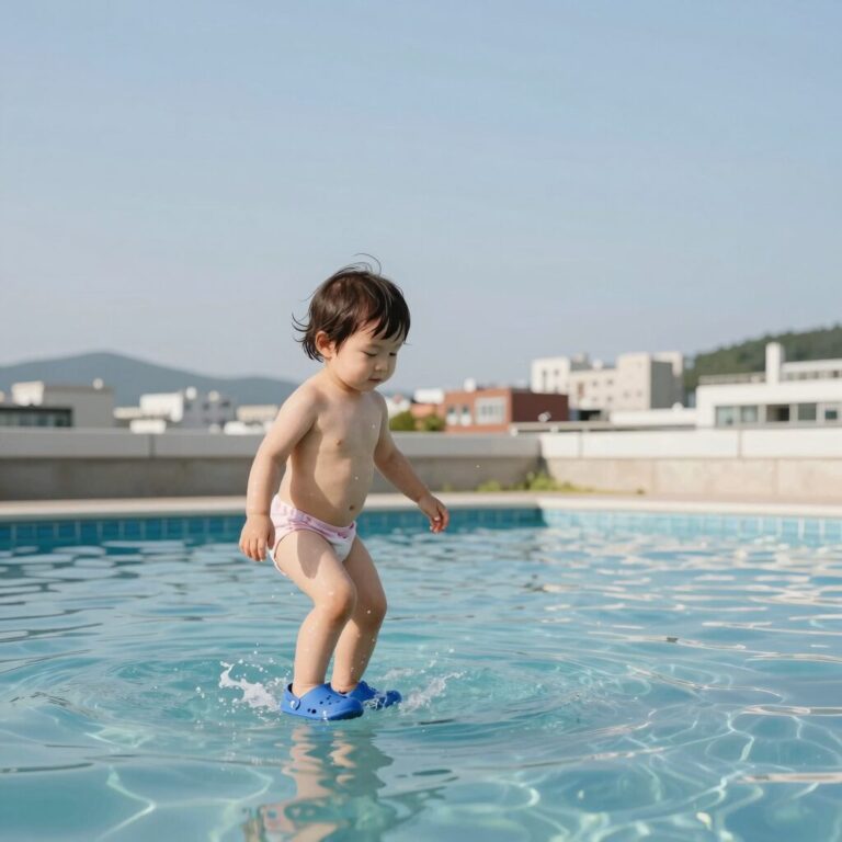 아기가 아쿠아슈즈를 신고 안전하게 물놀이하는 모습