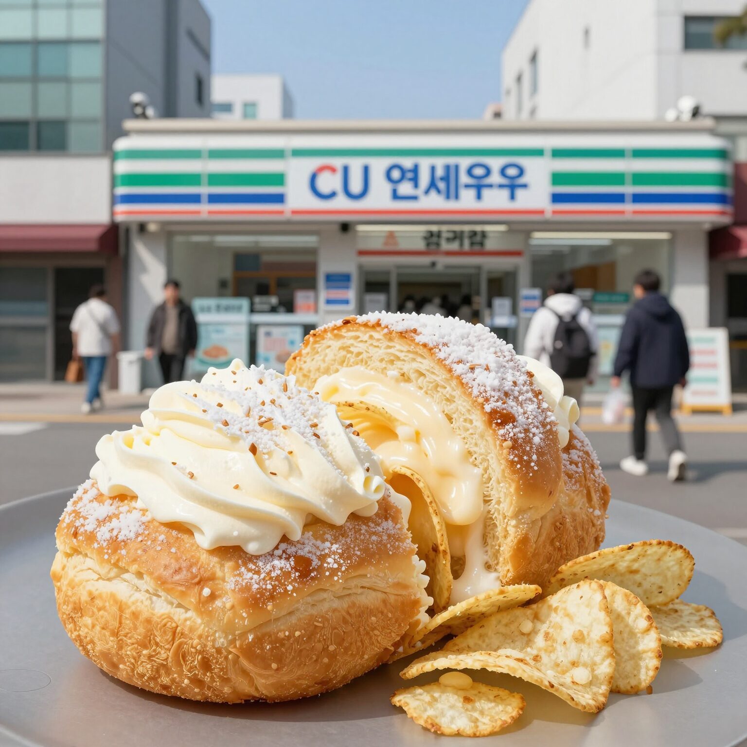 CU 편의점 연세우유 생크림빵과 감자칩 실제 구매 사진