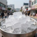 시원한 오이미역냉국 그릇 위에 얼음이 동동 띄워진 모습