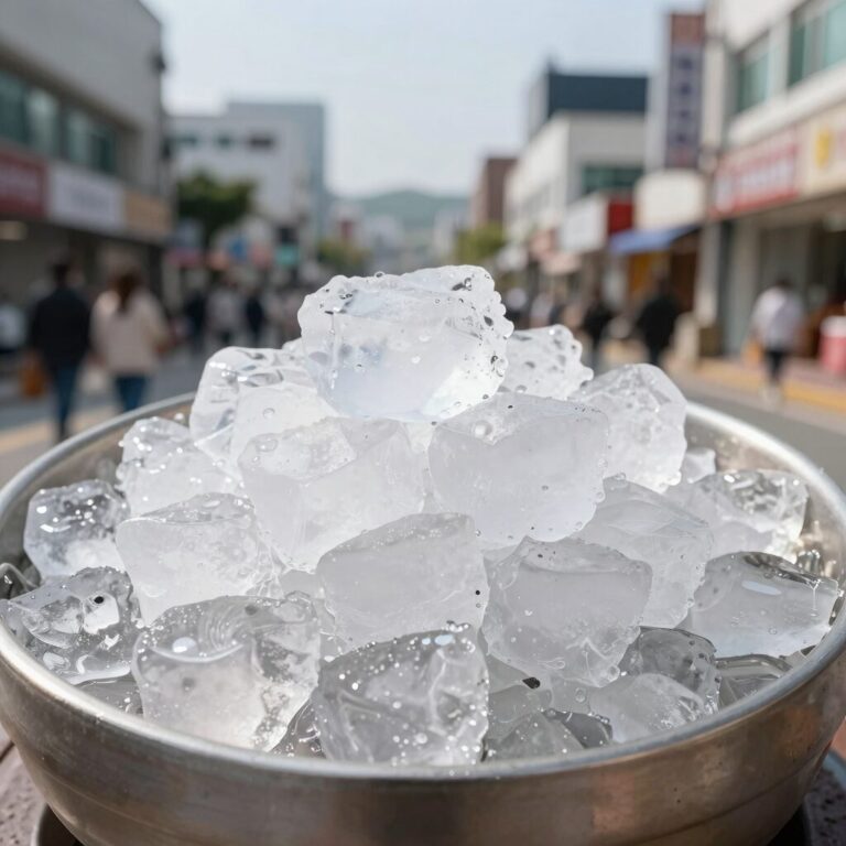 시원한 오이미역냉국 그릇 위에 얼음이 동동 띄워진 모습