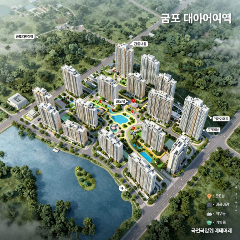 군포 대야미역 금강펜테리움 레이크포레 단지 위치와 주변 교통, 자연환경을 표시한 지도 이미지