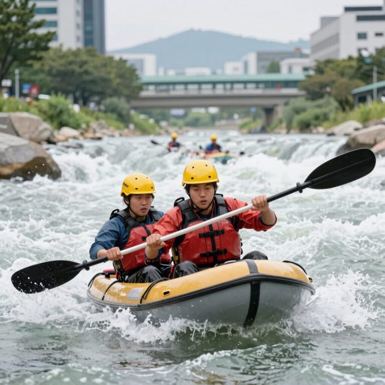 동강 래프팅 보트에서 급류를 즐기는 짜릿한 순간