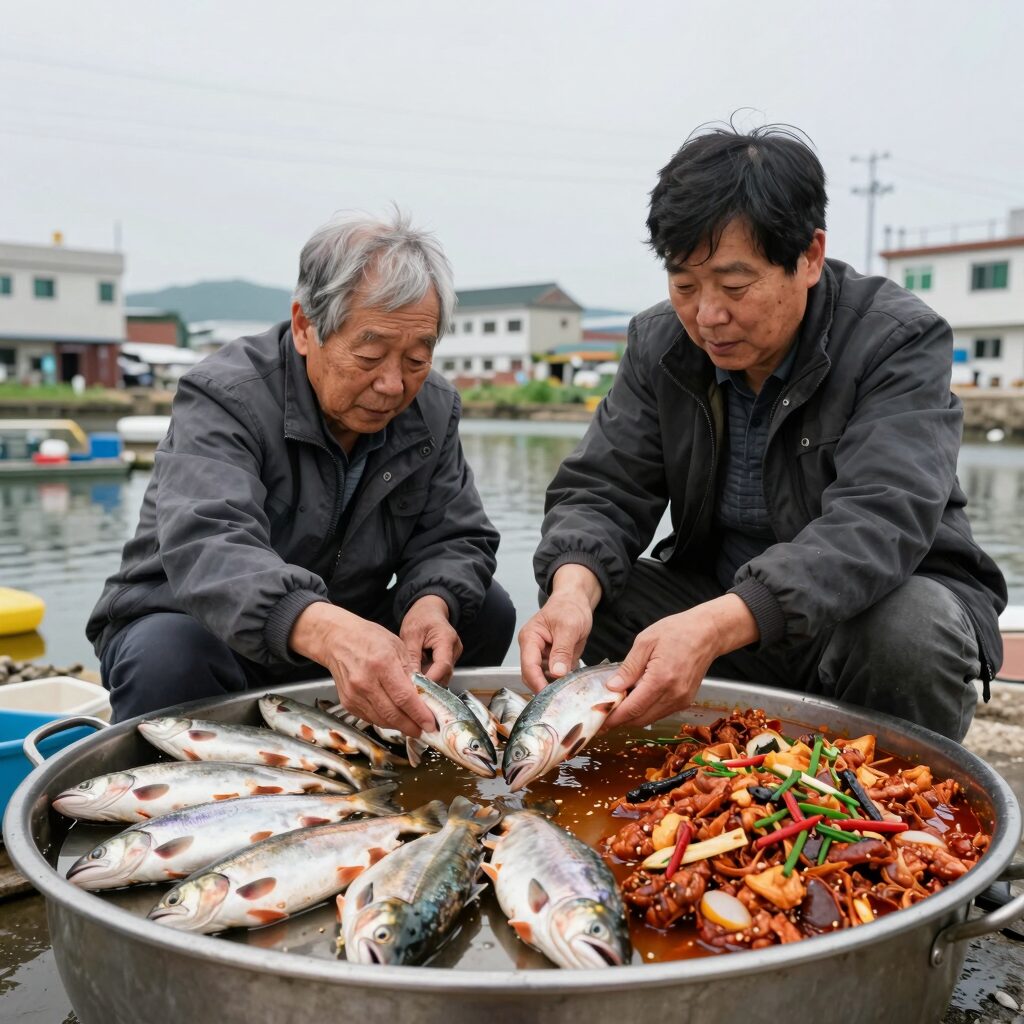 동네 한바퀴 가평 송어 양식장 노부부의 송어 한 상. 송어회, 튀김, 매운탕이 푸짐하게 담겨 있다.