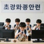 초등학생들이 지질공원에서 암석을 관찰하고 있는 모습