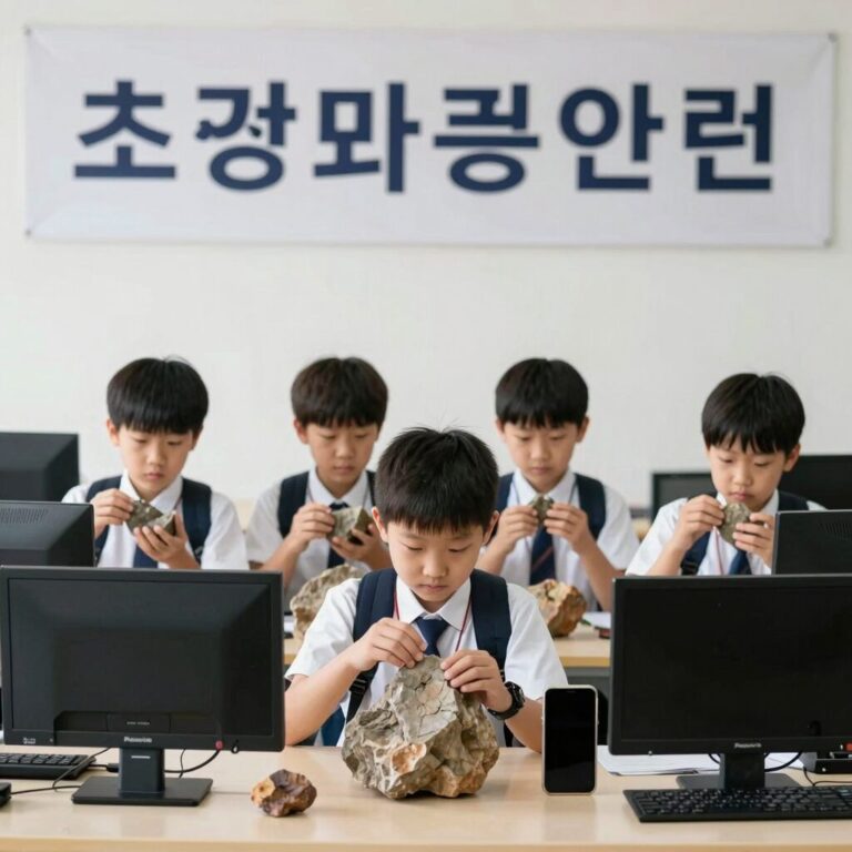 초등학생들이 지질공원에서 암석을 관찰하고 있는 모습