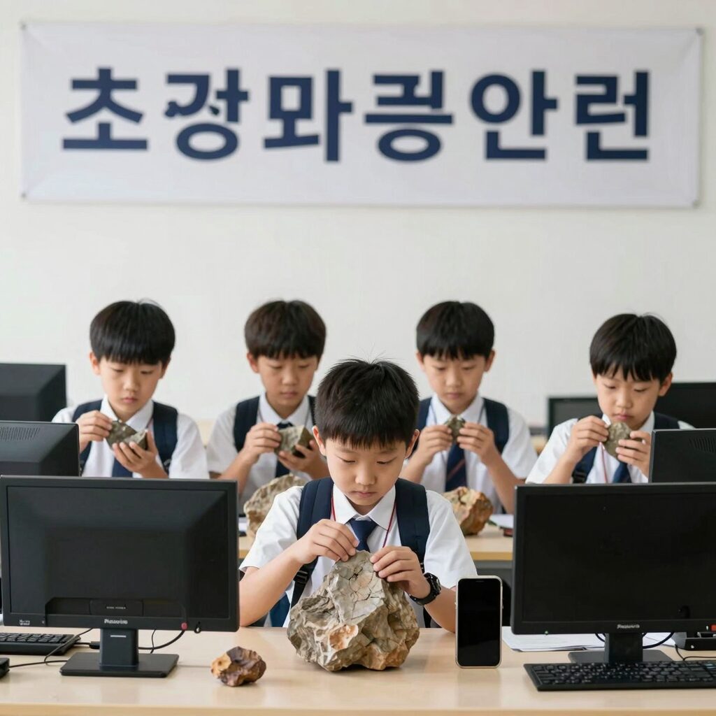 초등학생들이 지질공원에서 암석을 관찰하고 있는 모습