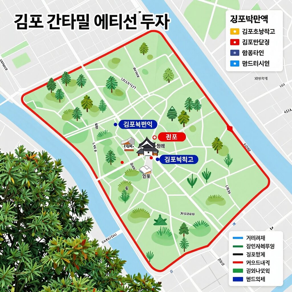 김포 칸타빌 에디션 단지 위치와 주변 환경, 걸포북변역, 김포초등학교, 장릉 등의 랜드마크를 표시한 지도 이미지