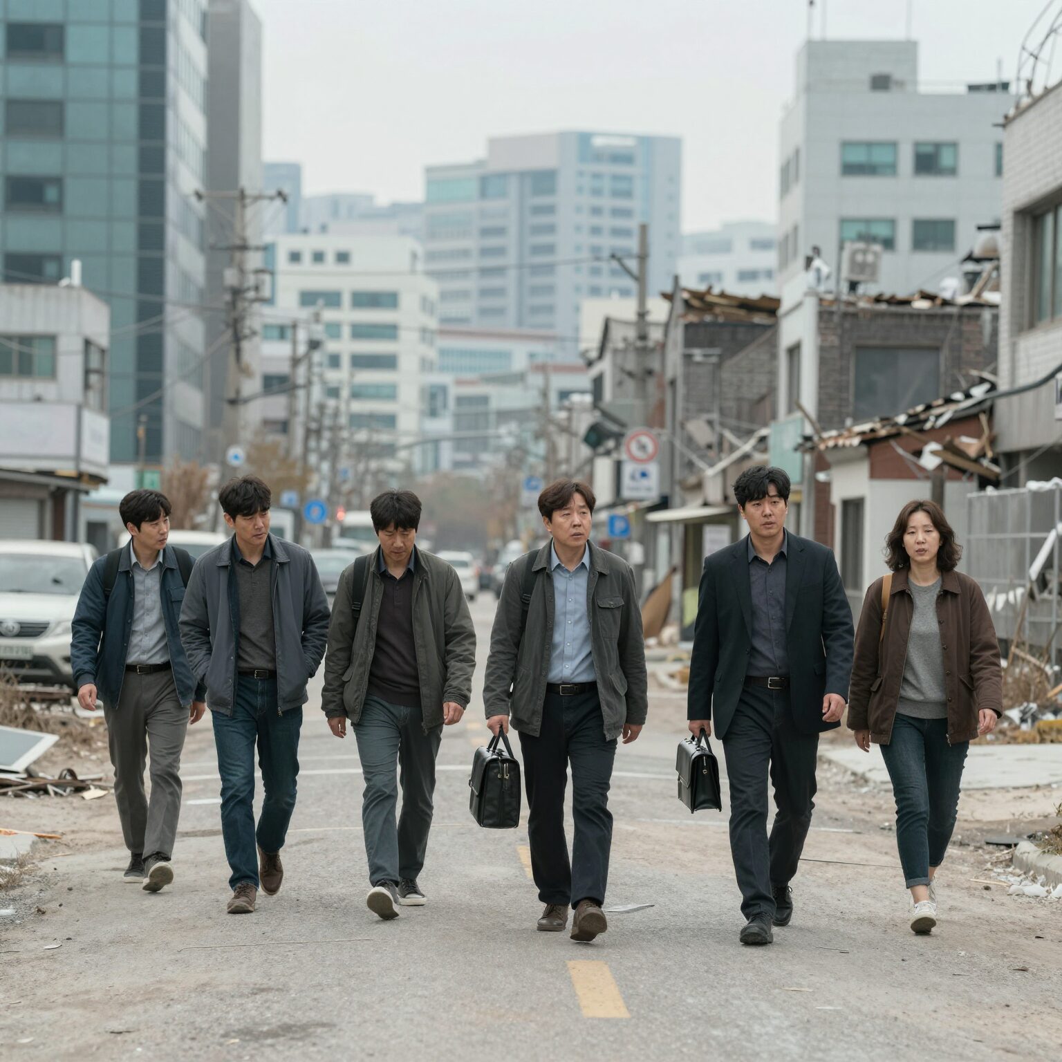 영화 그린랜드2 마이그레이션 속 황폐해진 도시를 배경으로 걸어가는 주인공 일행