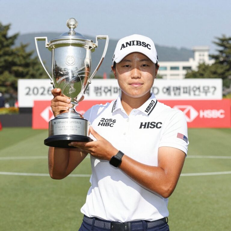 2026 HSBC 위민스 월드 챔피언십 우승자 해나 그린이 트로피를 들고 포즈를 취하고 있다