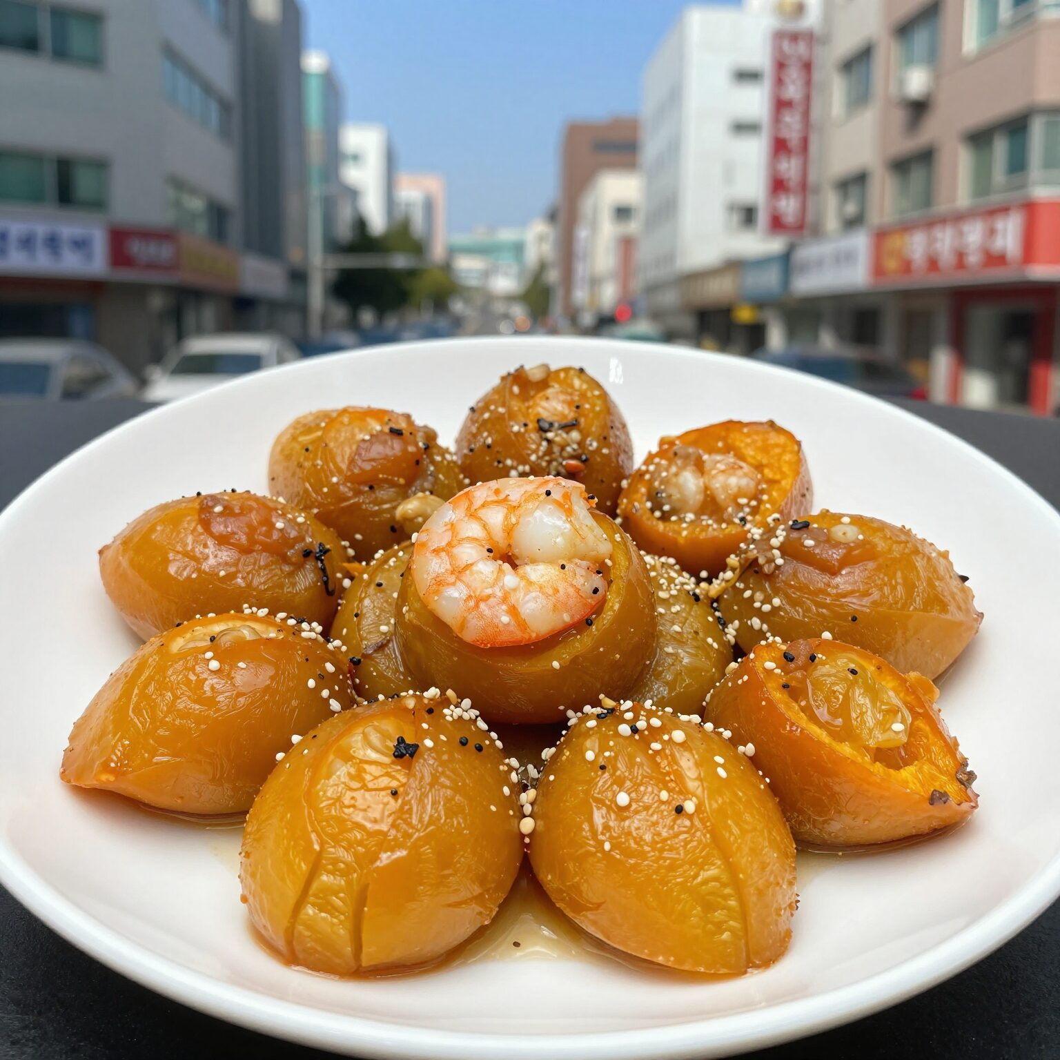 완성된 호박 새우젓 볶음 접시에 담긴 모습, 둥근호박이 으깨지지 않고 부드럽게 익었으며 새우젓 건더기와 통깨가 보임