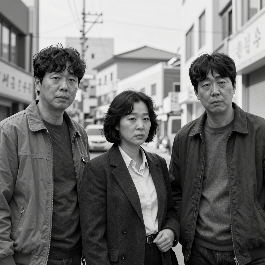 장항준 감독 영화의 대표 장면, 인간 내면의 깊이를 표현한 흑백 스틸컷