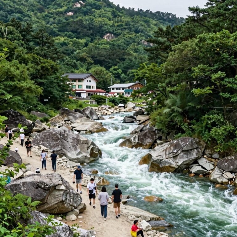 지리산 뱀사골 펜션에서 바라본 계곡 전경과 숲