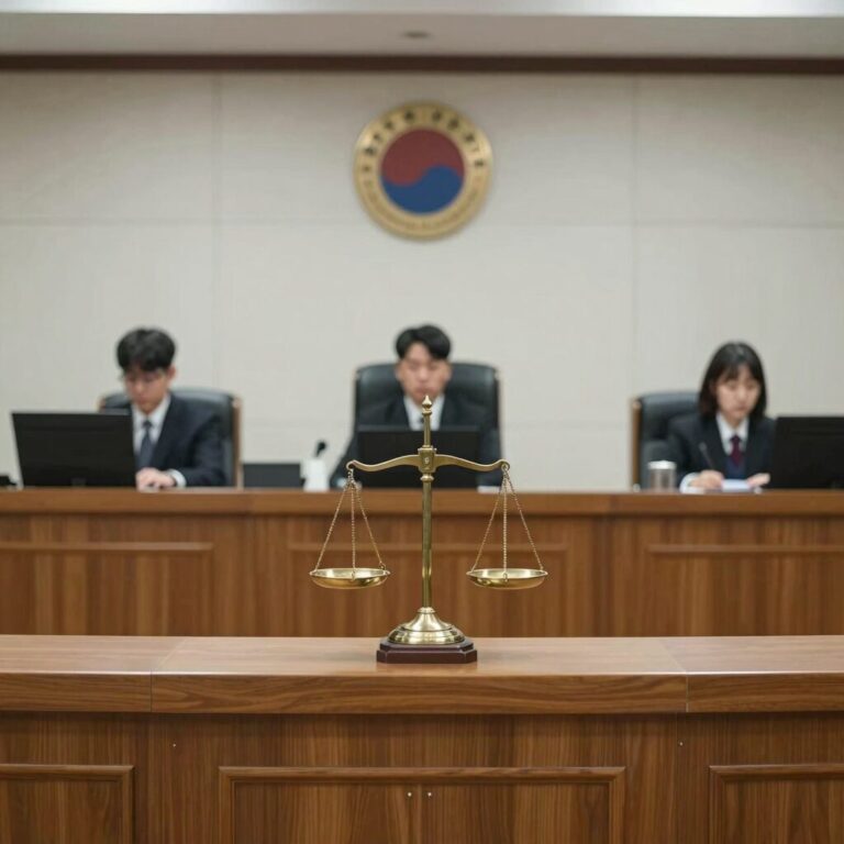 서울중앙지방법원 법정 내부 정의의 저울 조각상과 판사석 모습