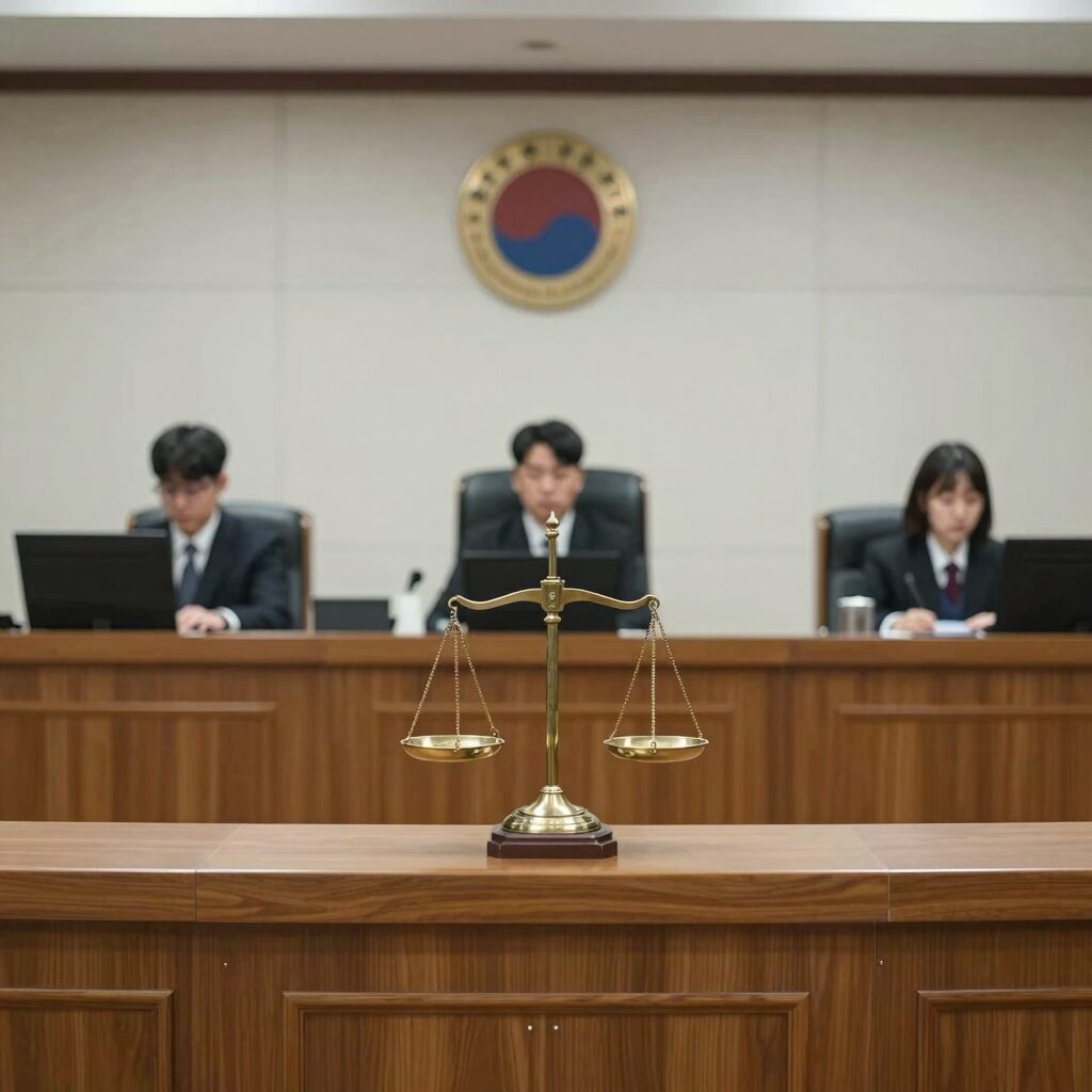 서울중앙지방법원 법정 내부 정의의 저울 조각상과 판사석 모습