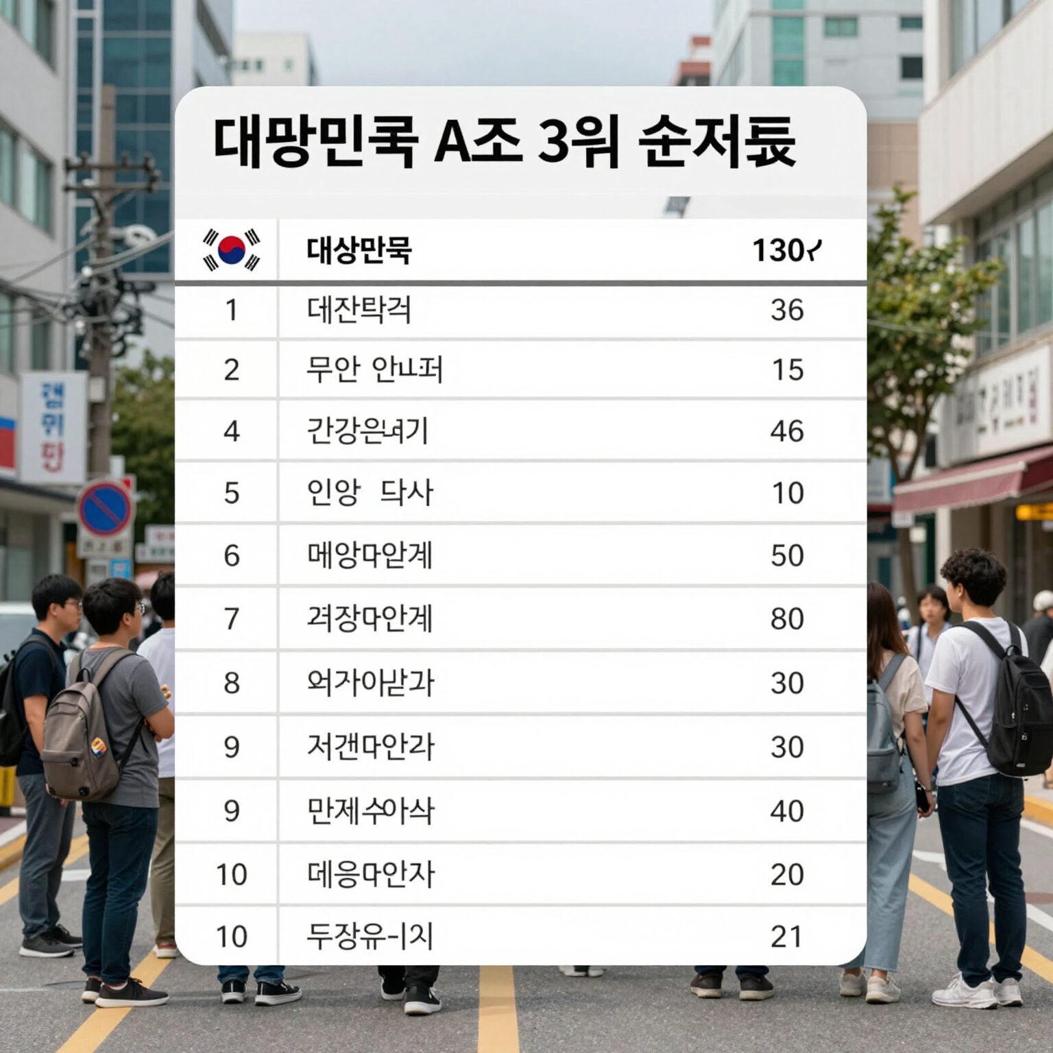 대한민국 A조 3위 확정 순위표
