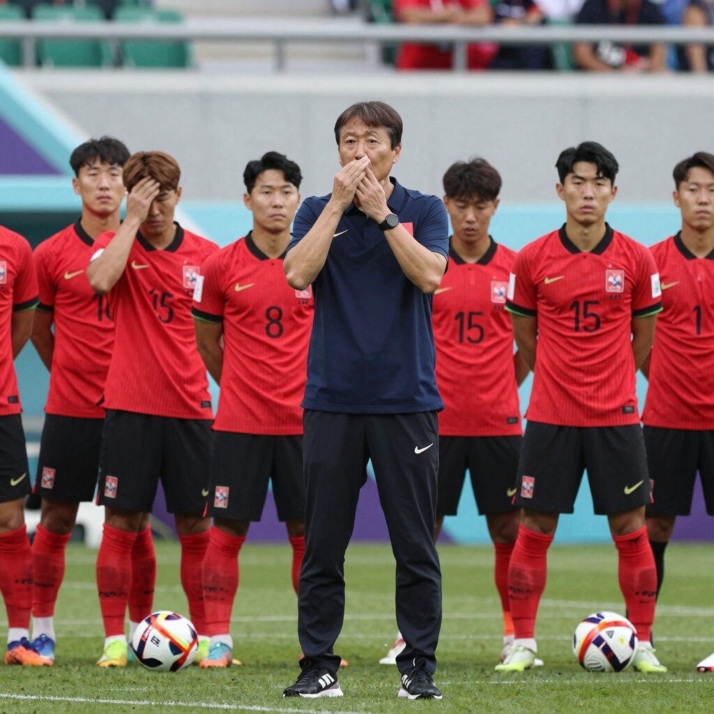 한국 축구 대표팀이 남아공전 패배 후 실망한 표정으로 그라운드를 바라보고 있다. 홍명보 감독의 무기력한 지휘와 함께 32강 탈락의 아쉬움이 느껴진다.