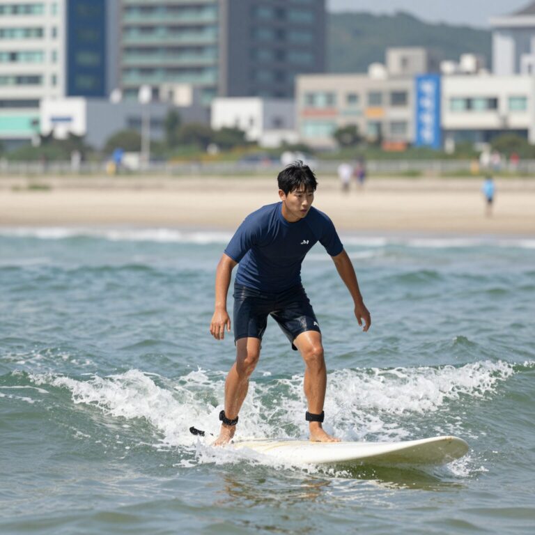 남자 래쉬가드 세트 착용한 모습이 서핑보드 위에서 활동하는 사진