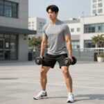 헬스장에서 운동하는 남성이 기능성 민소매 티를 입고 덤벨을 드는 모습