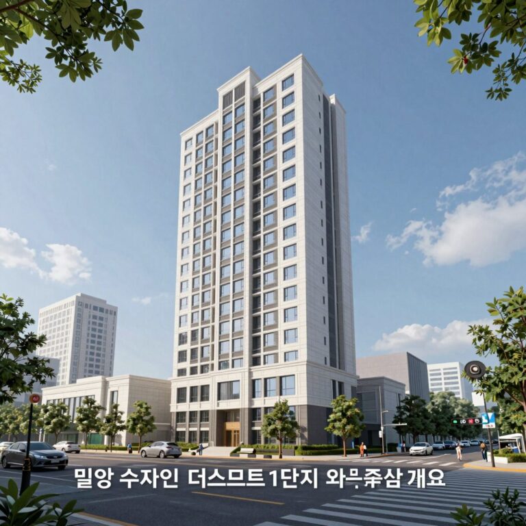 밀양 수자인 더퍼스트 1단지 아파트 조감도와 사업 개요가 함께 표시된 이미지