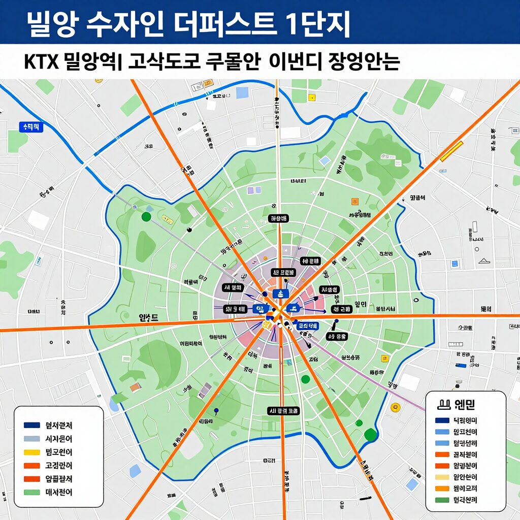 밀양 수자인 더퍼스트 1단지의 KTX 밀양역과 고속도로 접근성을 표시한 교통 지도