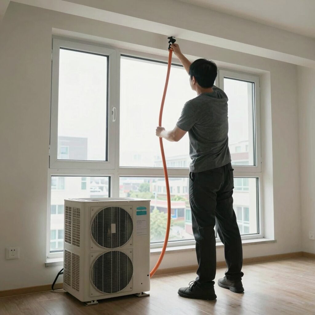 6평 원룸 창문에 배기 호스를 연결한 이동식 에어컨 설치 모습
