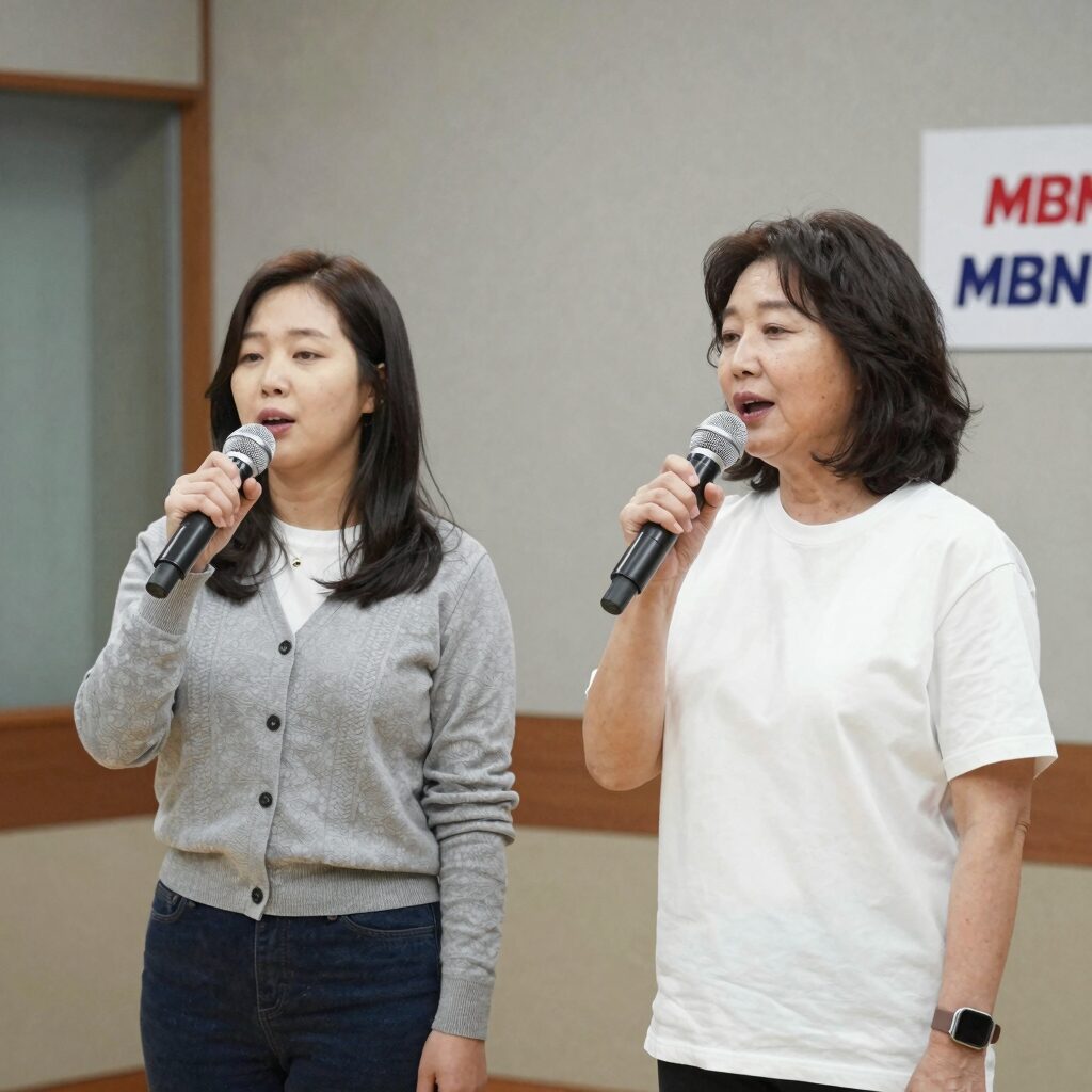 나미애와 어머니가 집 방송실에서 함께 노래하는 모습, MBN 언포게터블 듀엣 촬영 장면