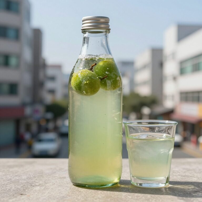 완성된 수제 자두청이 담긴 유리병과 자두에이드 한 잔