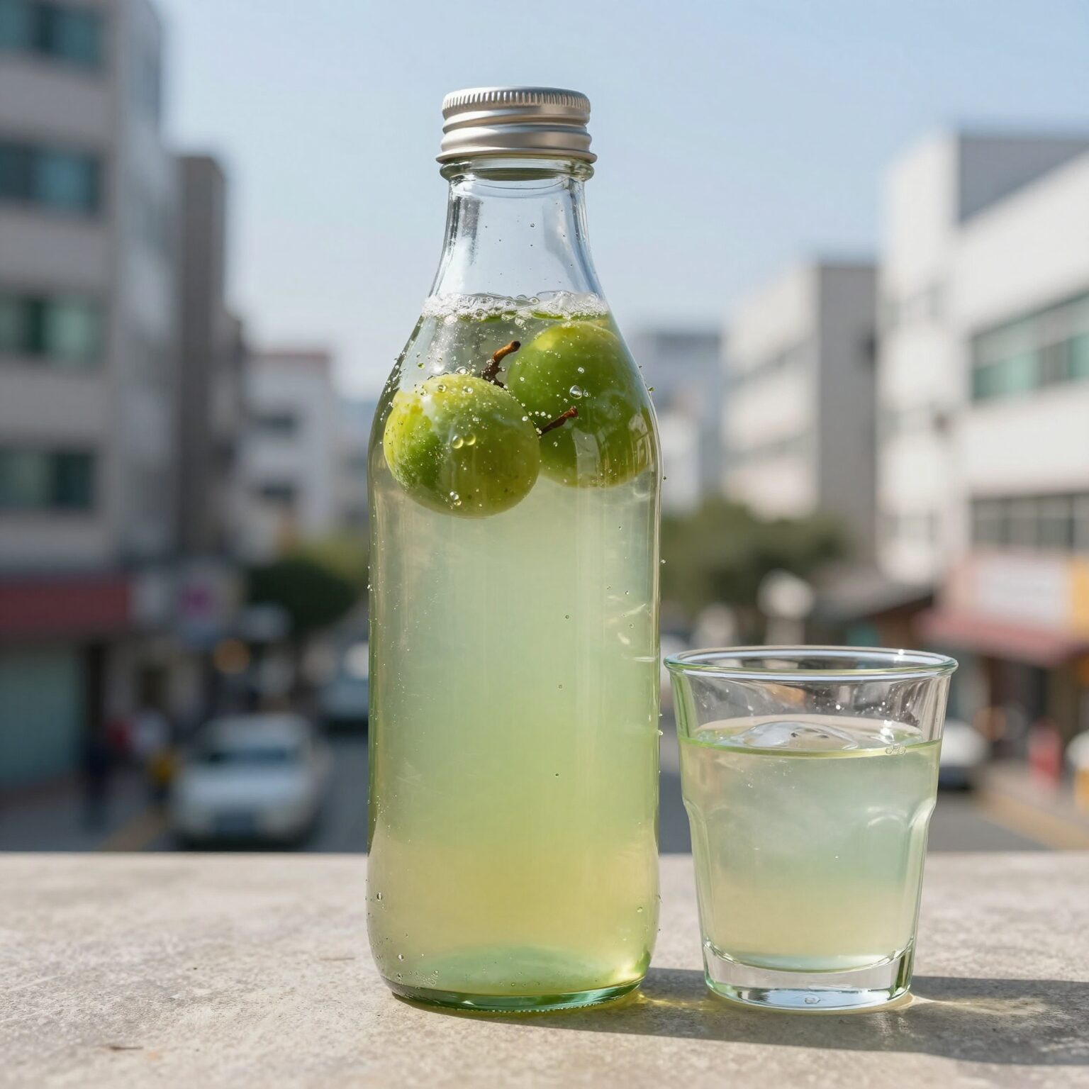 완성된 수제 자두청이 담긴 유리병과 자두에이드 한 잔
