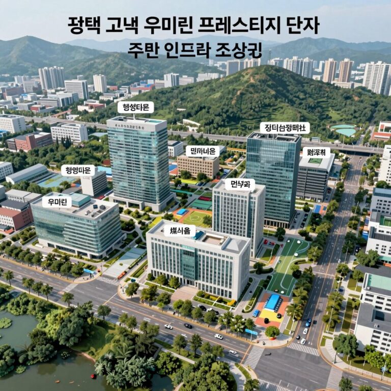 평택 고덕 우미린 프레스티지 단지와 주변 인프라 조감도로 삼성전자 평택캠퍼스와 행정타운 위치 확인