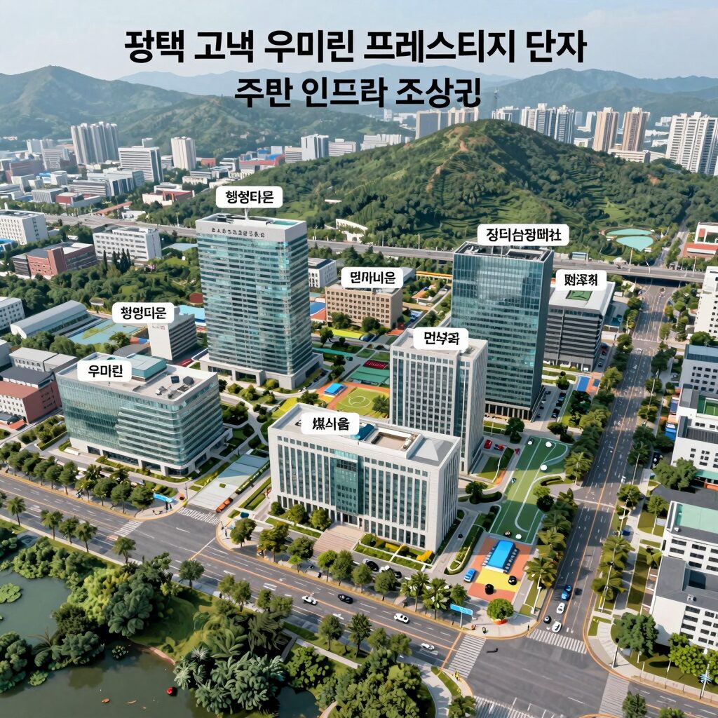 평택 고덕 우미린 프레스티지 단지와 주변 인프라 조감도로 삼성전자 평택캠퍼스와 행정타운 위치 확인