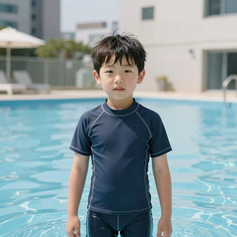 래시가드를 입고 물놀이를 즐기는 아이의 모습 자외선 차단과 편안한 착용감