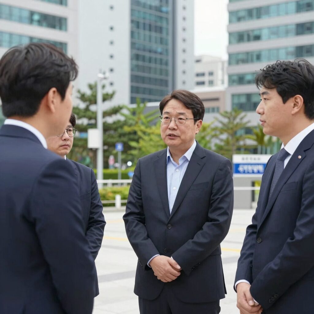 신상진 성남시장이 판교 테크노밸리에서 관계자와 이야기하는 모습