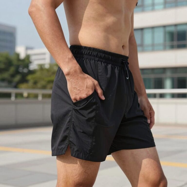 스파이더 남성 러닝 반바지 백 포켓과 프로웹 원단이 보이는 클로즈업 사진