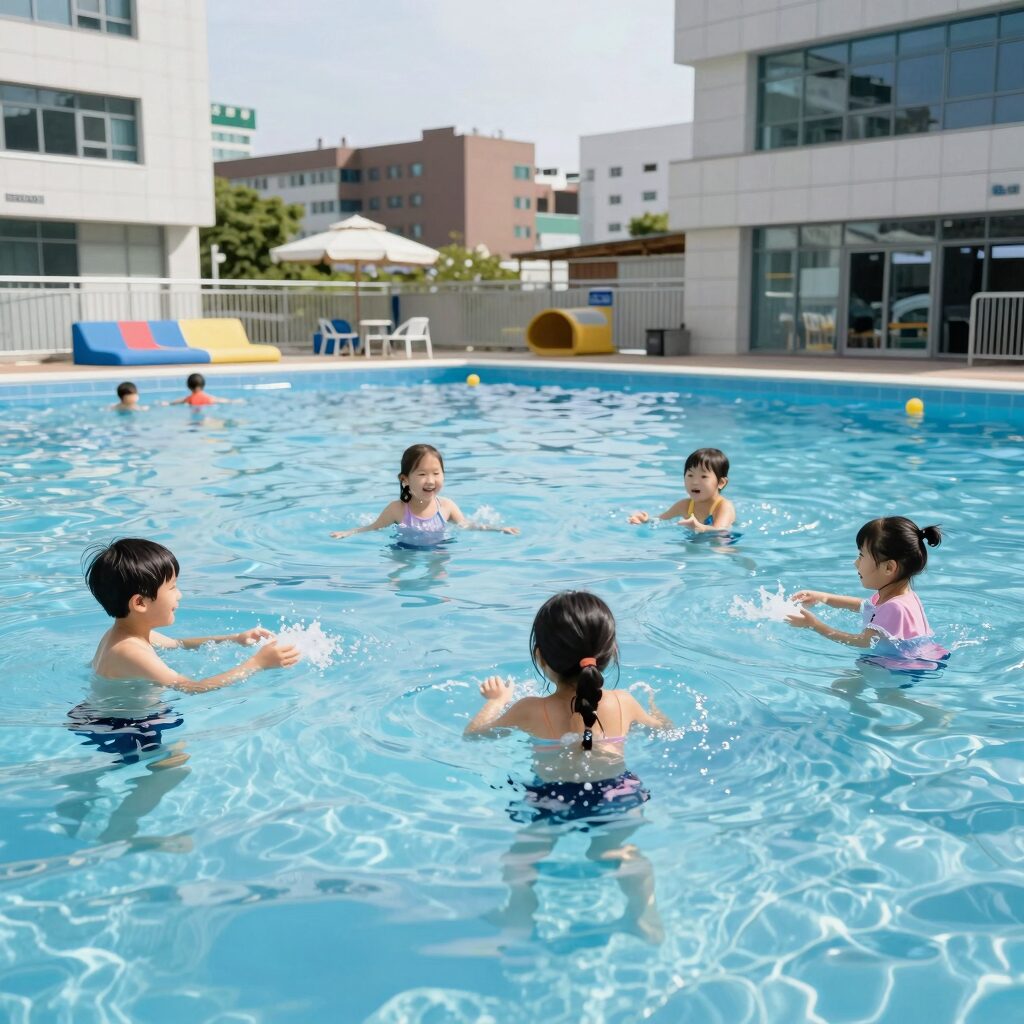 워터매트와 양재천 수영장의 물놀이 풀장을 비교한 사진으로 아기와 초등학생 모두 즐길 수 있는 장면