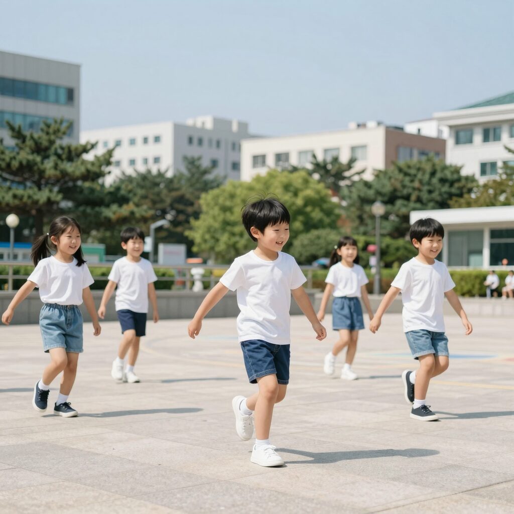 아이들이 즐거운 여름 동요에 맞춰 율동하는 모습