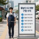 물놀이 사고 예방을 위한 구명조끼 착용 모습과 안전 수칙 안내 이미지