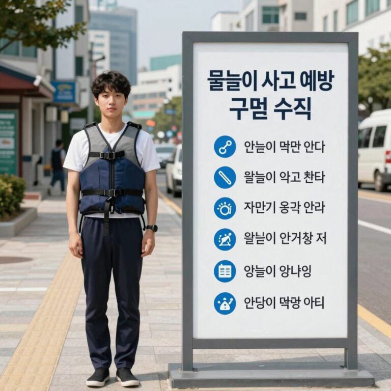 물놀이 사고 예방을 위한 구명조끼 착용 모습과 안전 수칙 안내 이미지