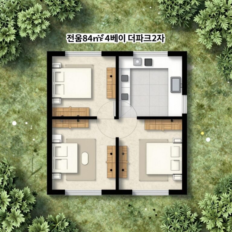 순천금호어울림더파크2차 전용84㎡ 4베이 판상형 평면도로 거실과 주방이 넓고 방 3개가 배치된 구조