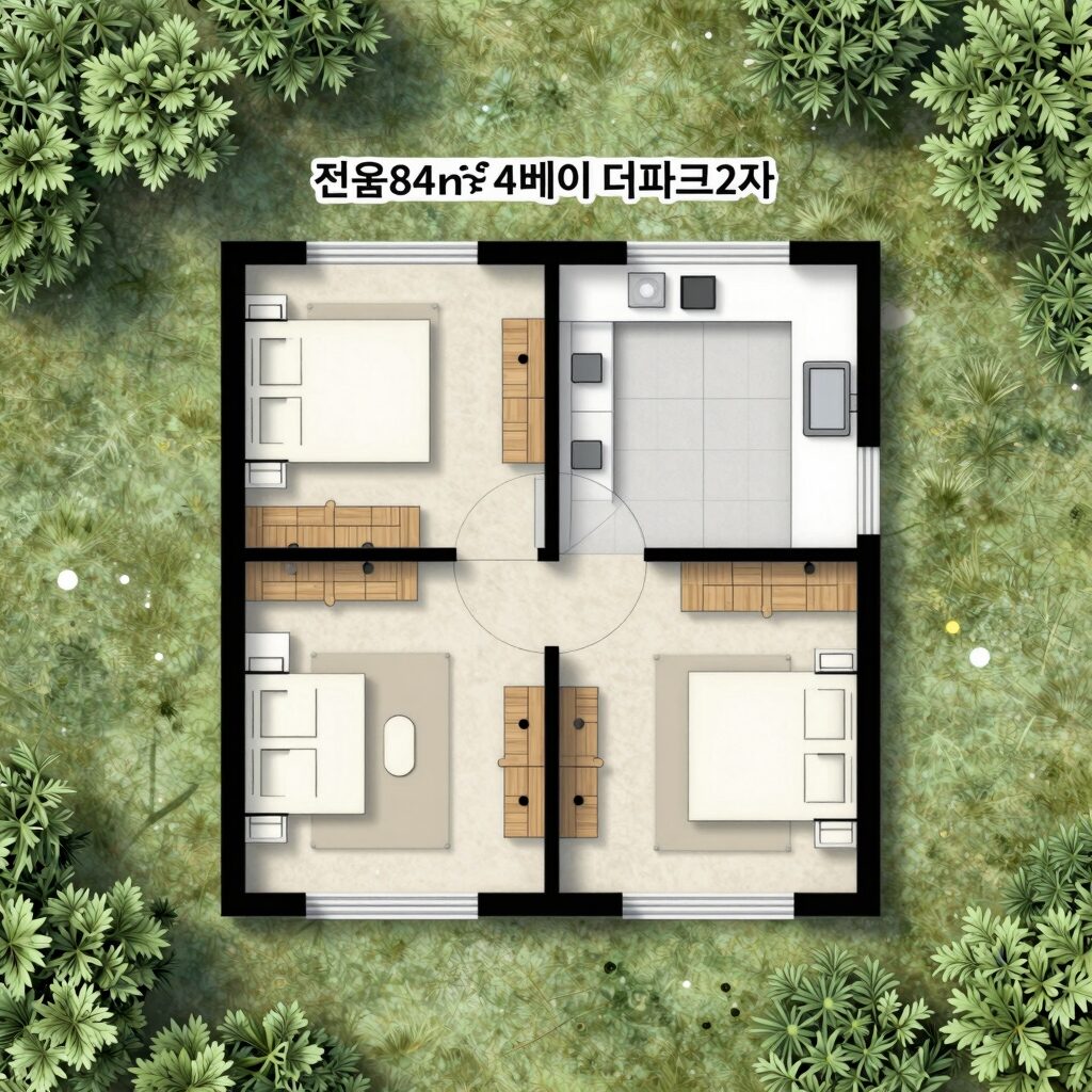 순천금호어울림더파크2차 전용84㎡ 4베이 판상형 평면도로 거실과 주방이 넓고 방 3개가 배치된 구조