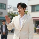 서프라이즈 미스터리 살롱 22회 방송 장면. 이찬원이 우유빛 아이보리 슈트를 입고 미스터리 사건을 설명하는 모습