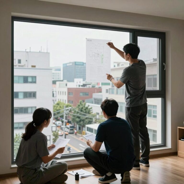 태풍 시기 대비를 위한 창문 점검 모습과 실내 활동 안내