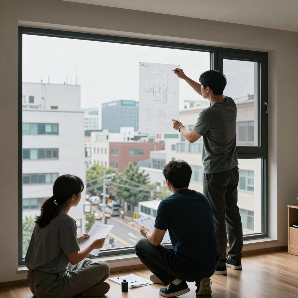 태풍 시기 대비를 위한 창문 점검 모습과 실내 활동 안내