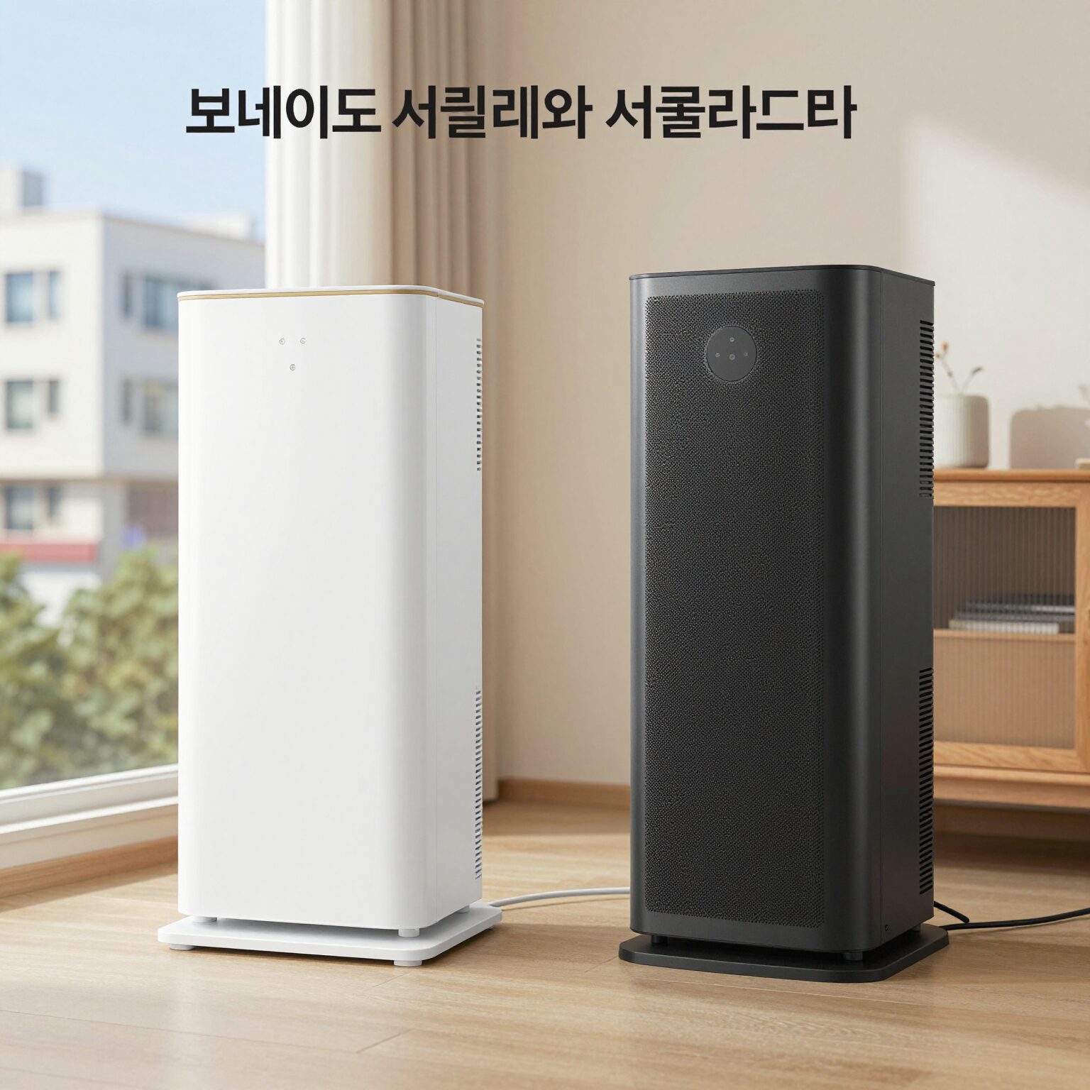보네이도 서큘레이터와 휴고스 BLDC 서큘레이터 비교 사진으로 실내 공간 활용 차이를 보여줌