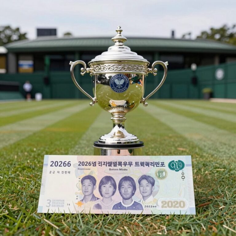 2026년 윔블던 우승 트로피와 상금 수표 이미지. 센터 코트 배경에 상금 액수가 강조됨