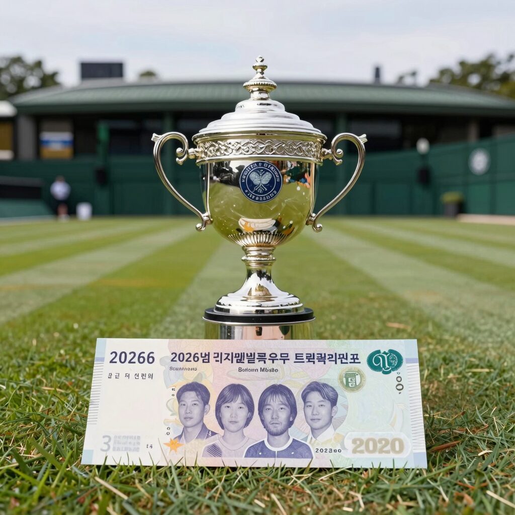 2026년 윔블던 우승 트로피와 상금 수표 이미지. 센터 코트 배경에 상금 액수가 강조됨