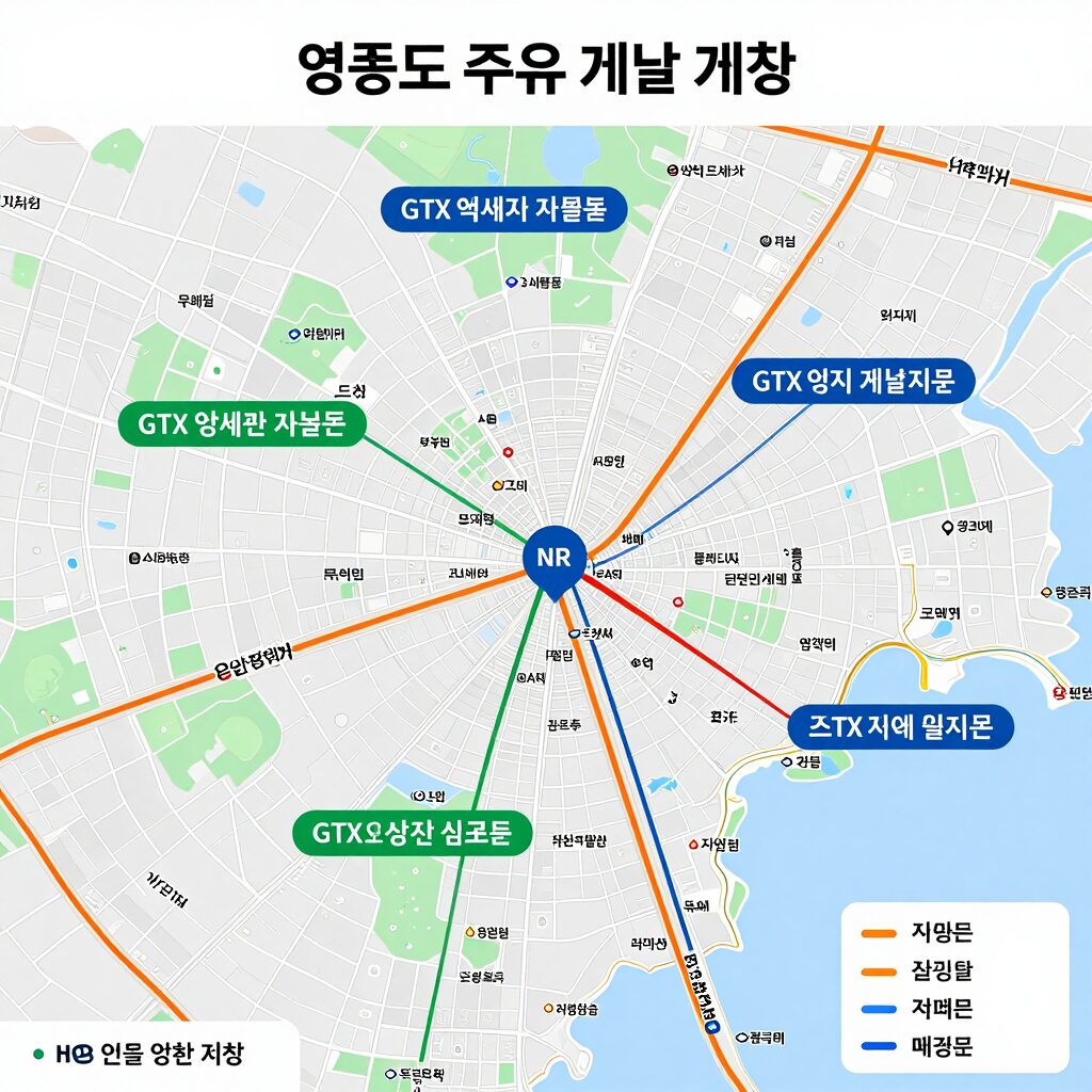 영종도 주요 개발 계획 지도로 GTX 역세권과 상업지구 위치 표시
