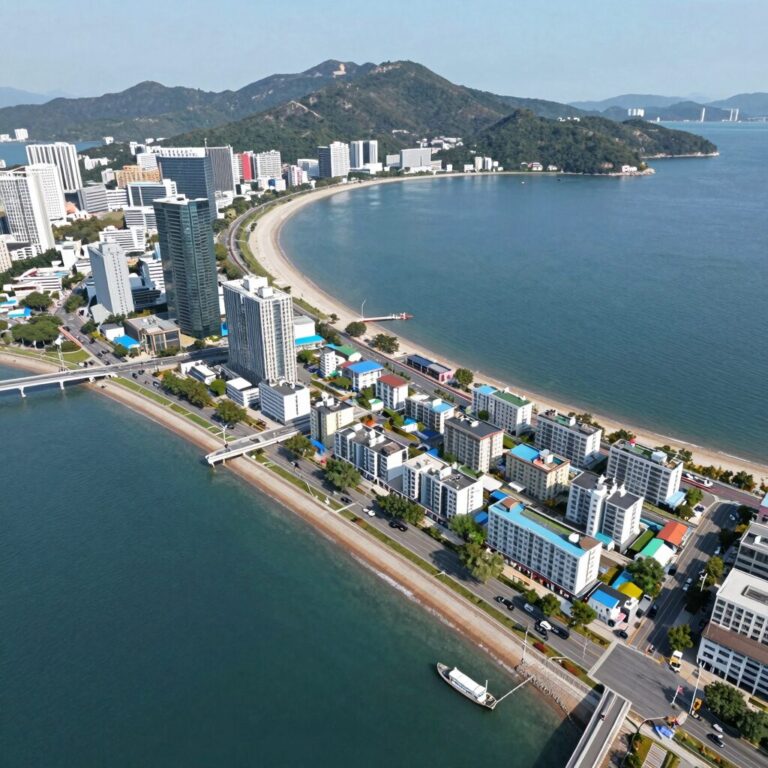 여수 소제지구 중흥S클래스 우미린 단지 조감도와 바다 조망을 보여주는 사진